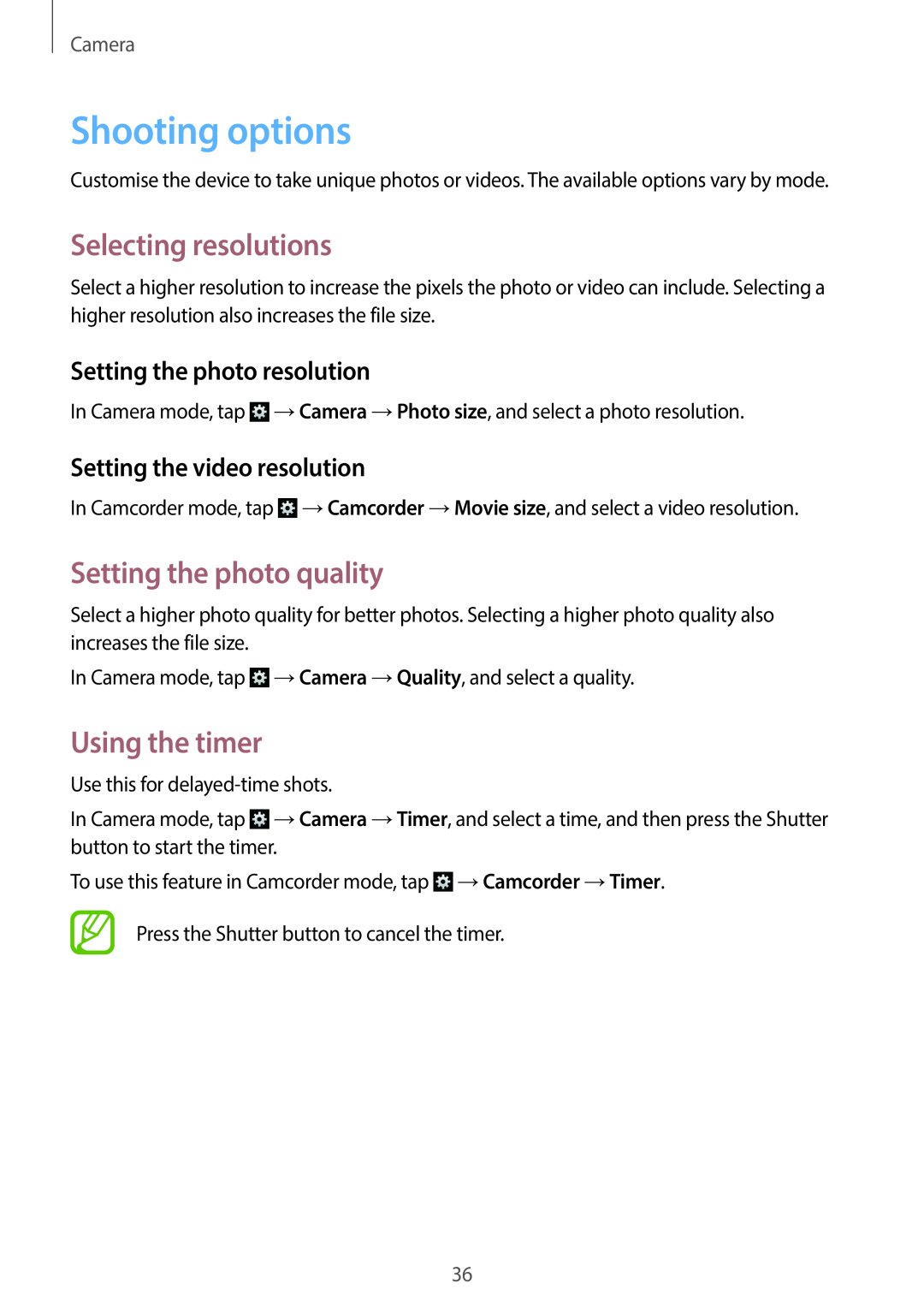 Samsung EK-GC100 user manual Shooting options, Selecting resolutions, Setting the photo quality, Using the timer, Camera 