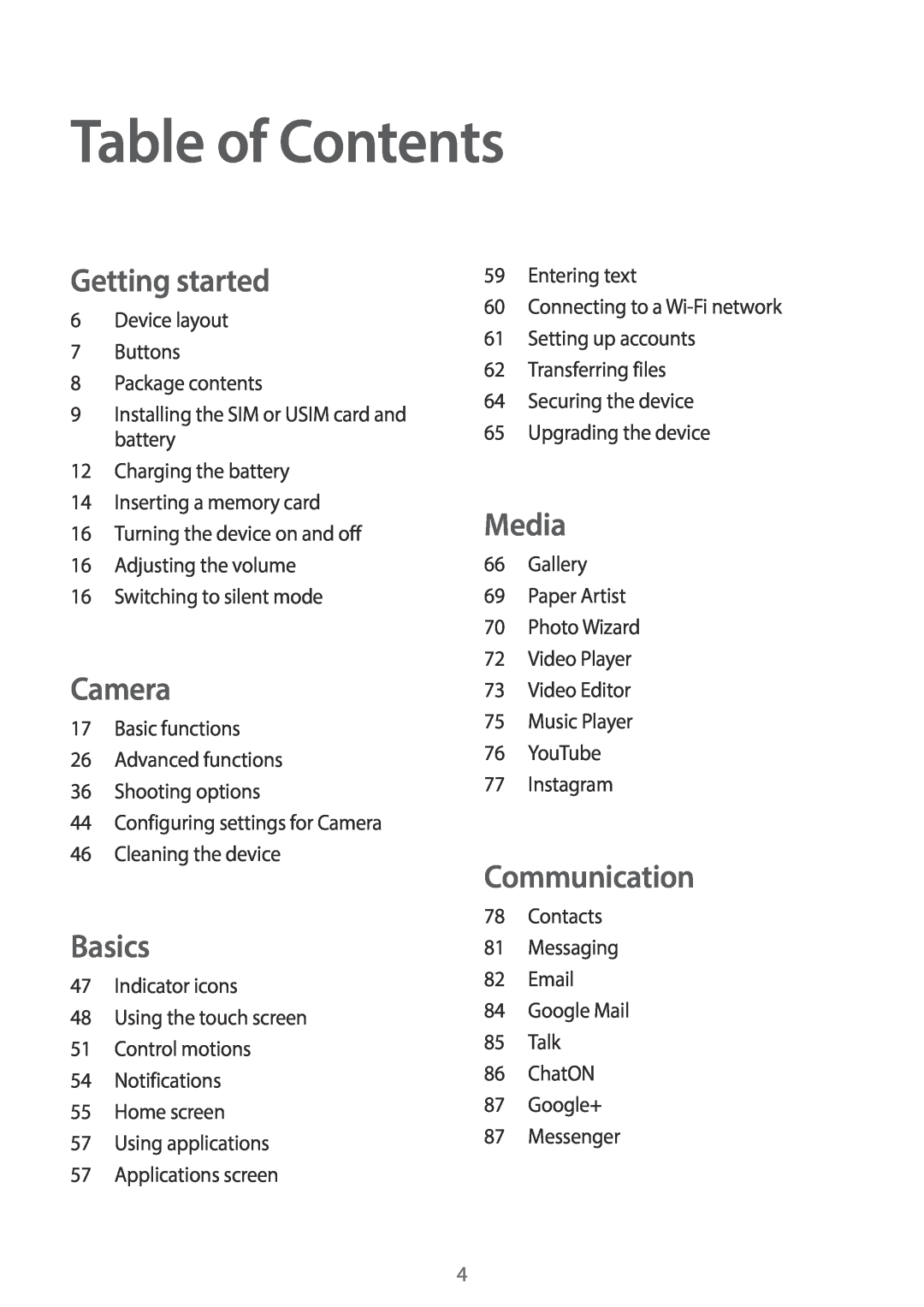 Samsung EK-GC100 user manual Table of Contents, Getting started, Camera, Basics, Media, Communication 