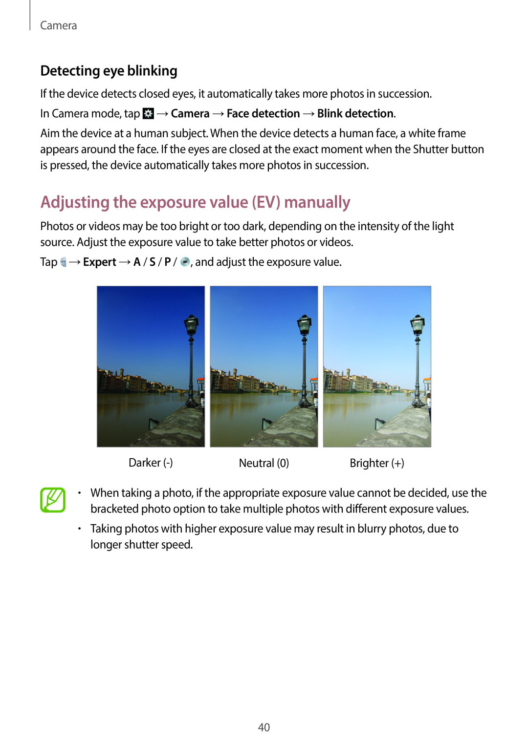 Samsung EK-GC100 user manual Adjusting the exposure value EV manually, Detecting eye blinking, Camera 