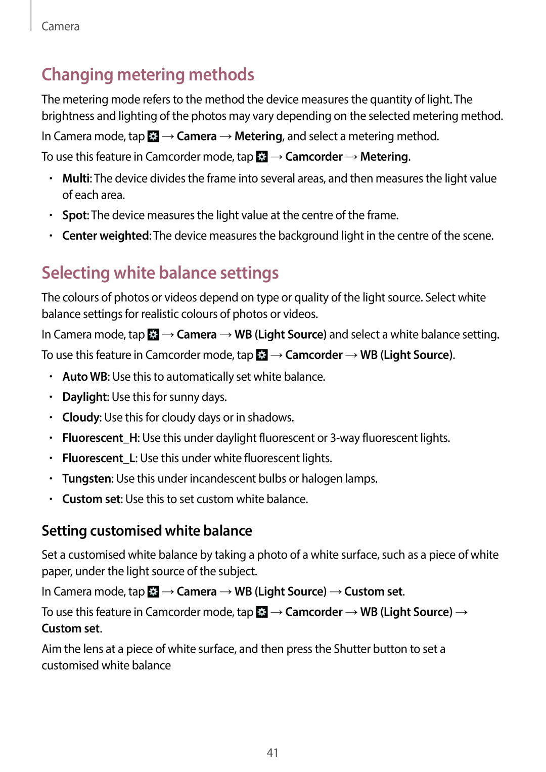 Samsung EK-GC100 Changing metering methods, Selecting white balance settings, Setting customised white balance, Camera 