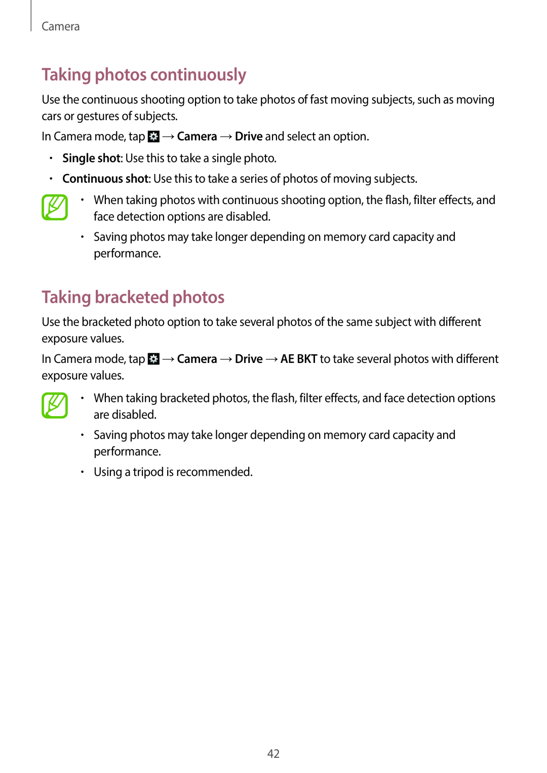 Samsung EK-GC100 user manual Taking photos continuously, Taking bracketed photos, Camera 