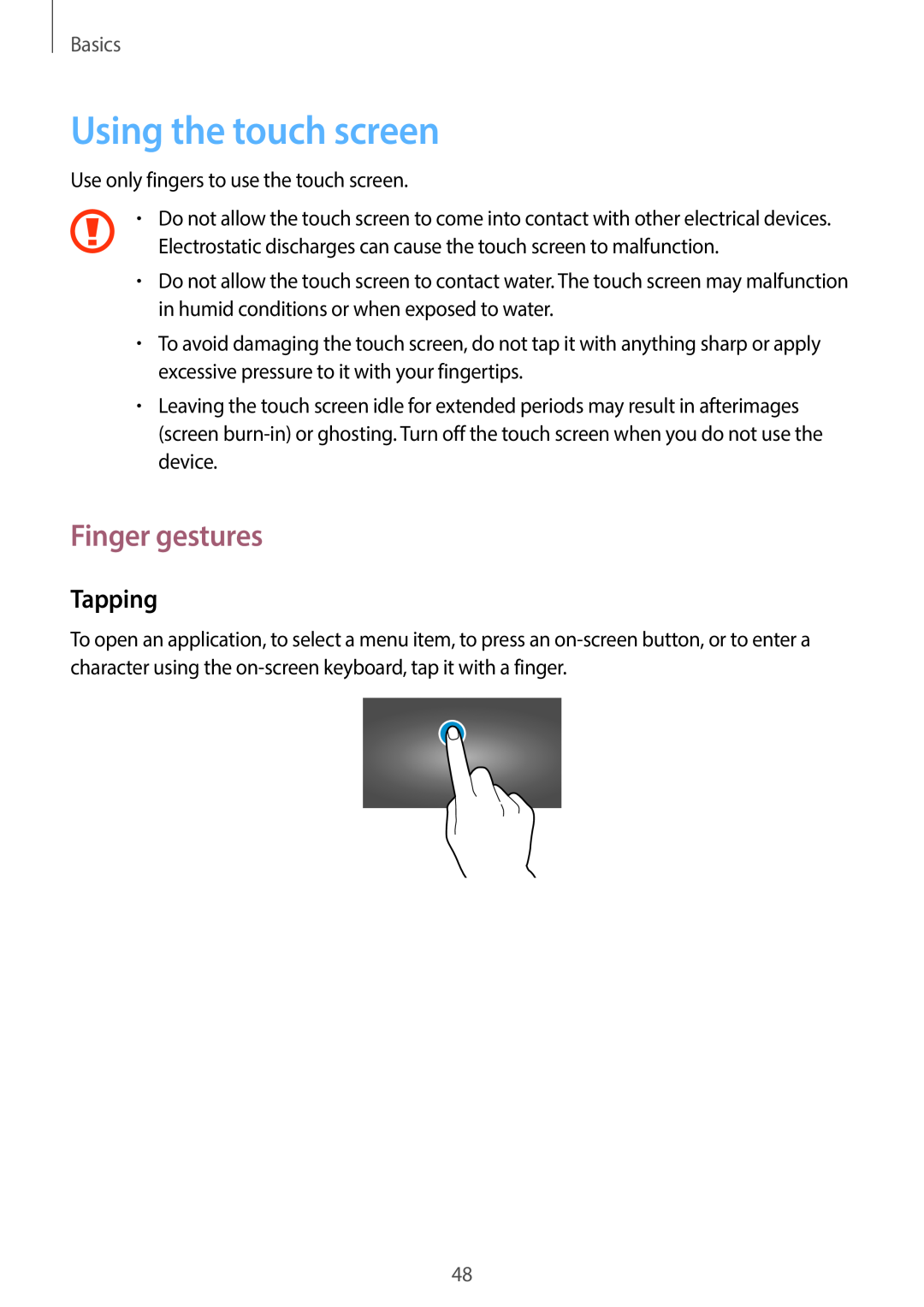 Samsung EK-GC100 user manual Using the touch screen, Finger gestures, Tapping, Basics 