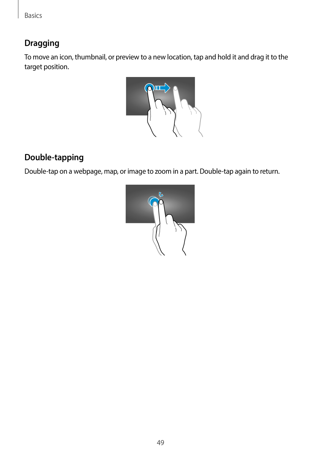 Samsung EK-GC100 user manual Dragging, Double-tapping, Basics 