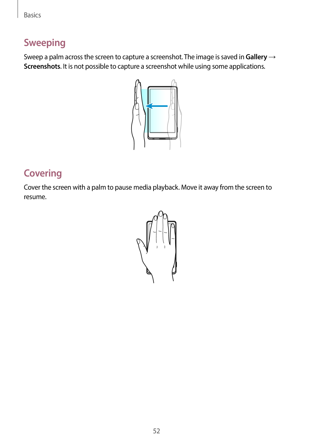 Samsung EK-GC100 user manual Sweeping, Covering, Basics 