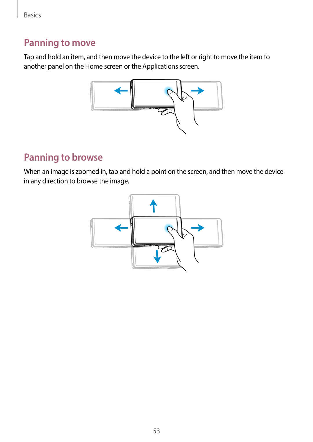 Samsung EK-GC100 user manual Panning to move, Panning to browse, Basics 