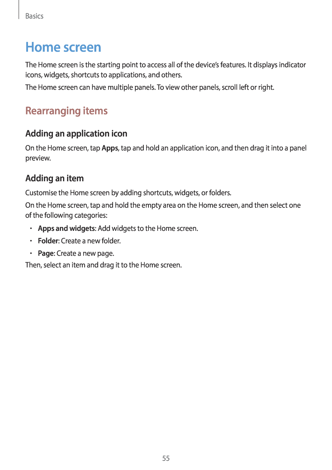 Samsung EK-GC100 user manual Home screen, Rearranging items, Adding an application icon, Adding an item, Basics 