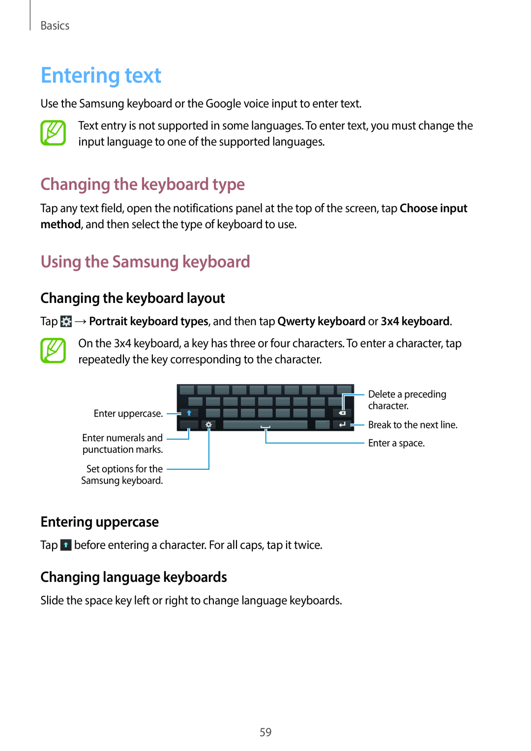 Samsung EK-GC100 Entering text, Changing the keyboard type, Using the Samsung keyboard, Changing the keyboard layout 