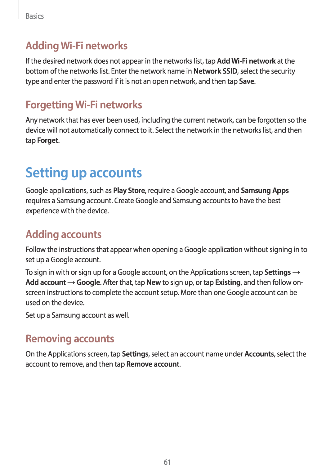 Samsung EK-GC100 Setting up accounts, Adding Wi-Fi networks, Forgetting Wi-Fi networks, Adding accounts, Removing accounts 
