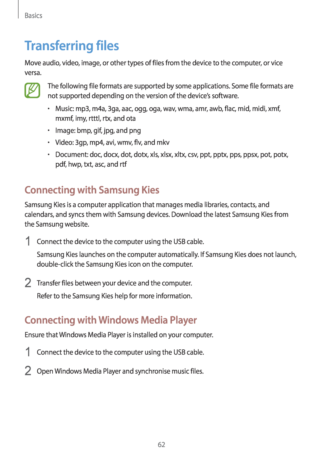 Samsung EK-GC100 user manual Transferring files, Connecting with Samsung Kies, Connecting with Windows Media Player, Basics 