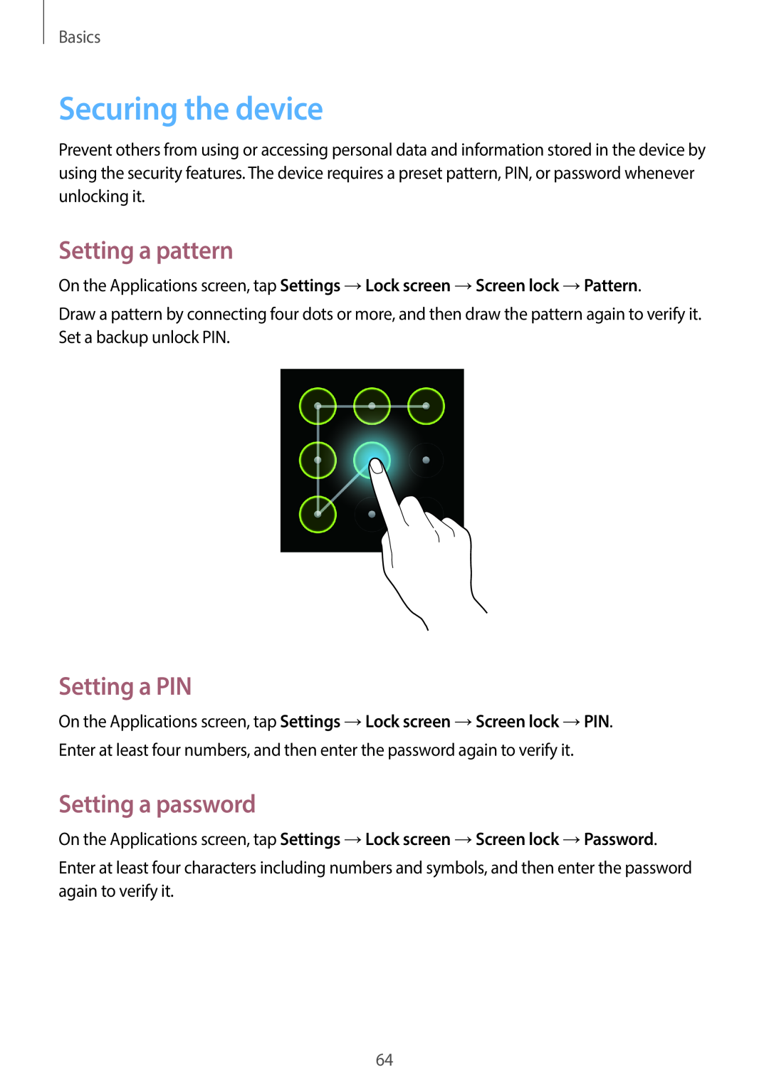 Samsung EK-GC100 user manual Securing the device, Setting a pattern, Setting a PIN, Setting a password, Basics 