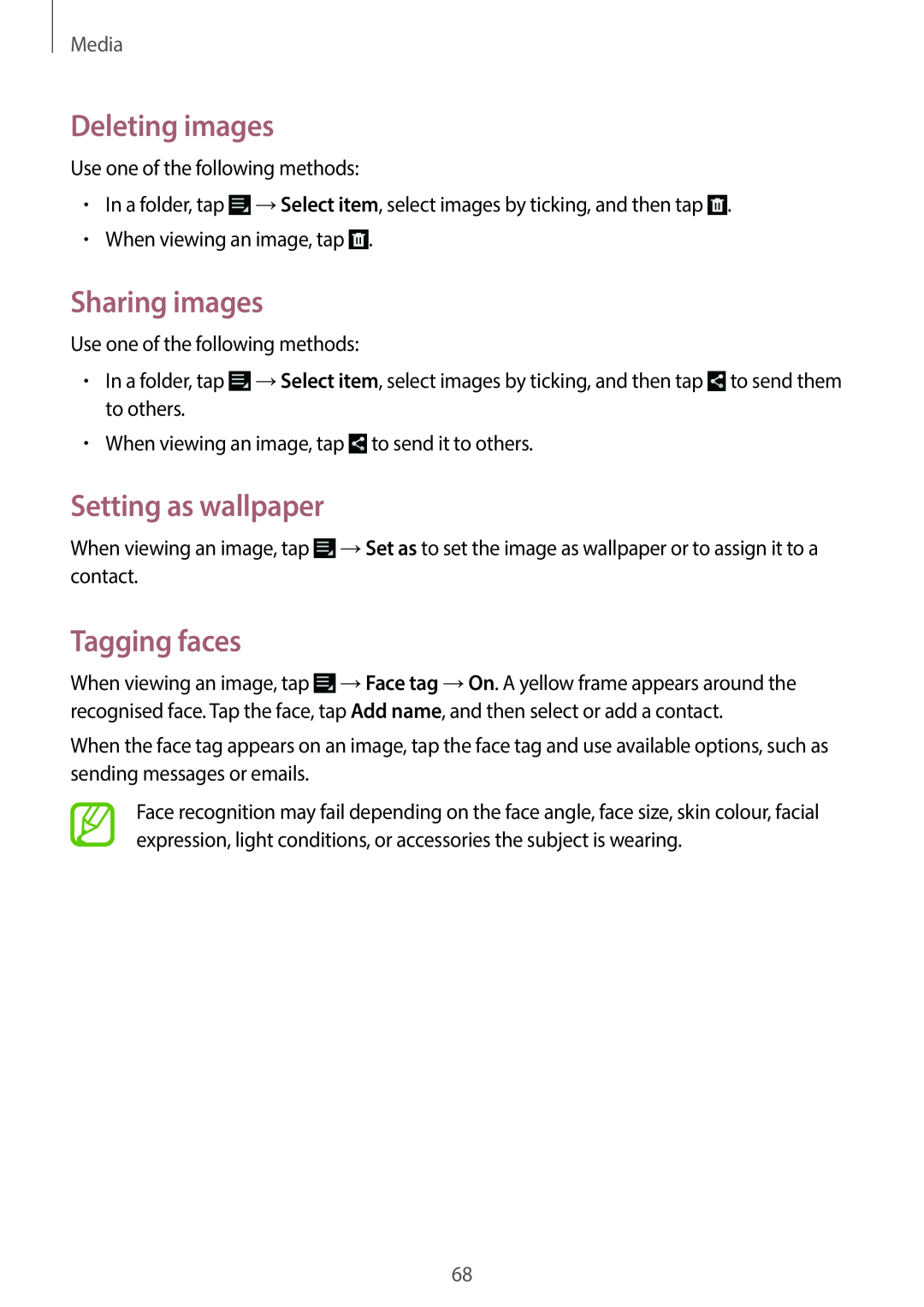 Samsung EK-GC100 user manual Deleting images, Sharing images, Setting as wallpaper, Tagging faces, Media 