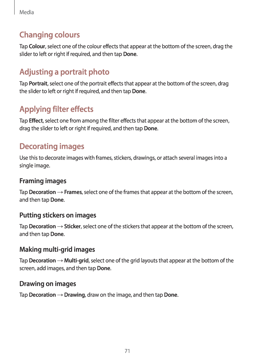 Samsung EK-GC100 Changing colours, Adjusting a portrait photo, Applying filter effects, Decorating images, Framing images 