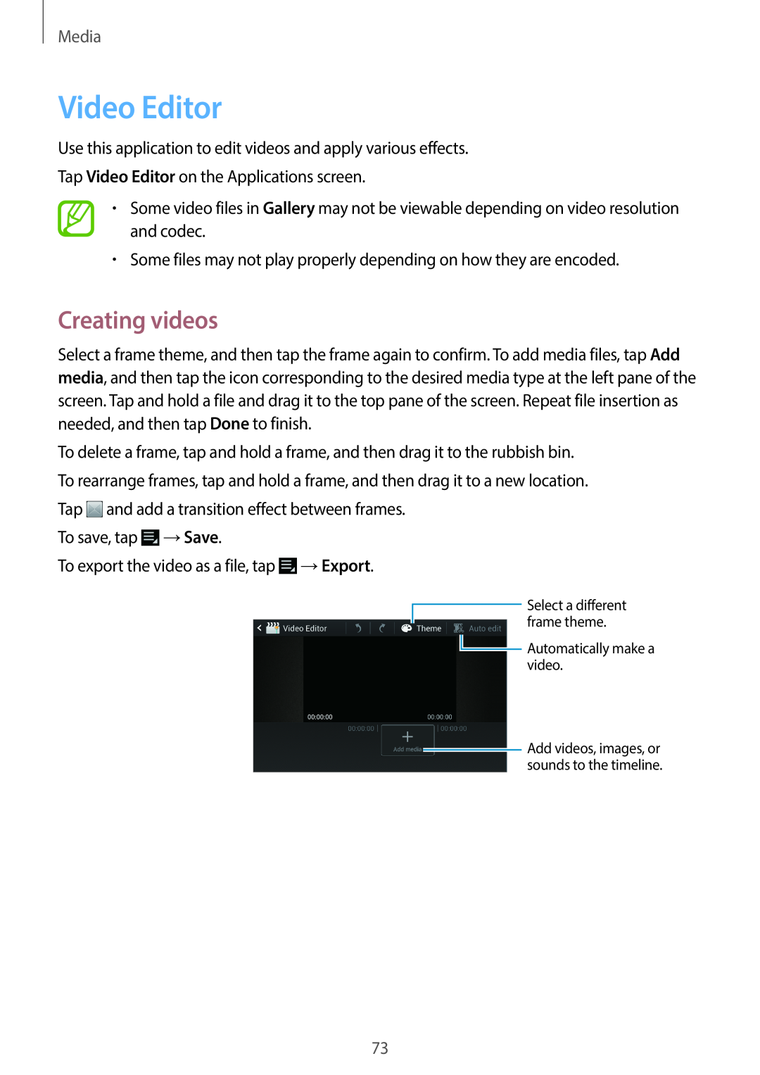 Samsung EK-GC100 user manual Video Editor, Creating videos, Media 