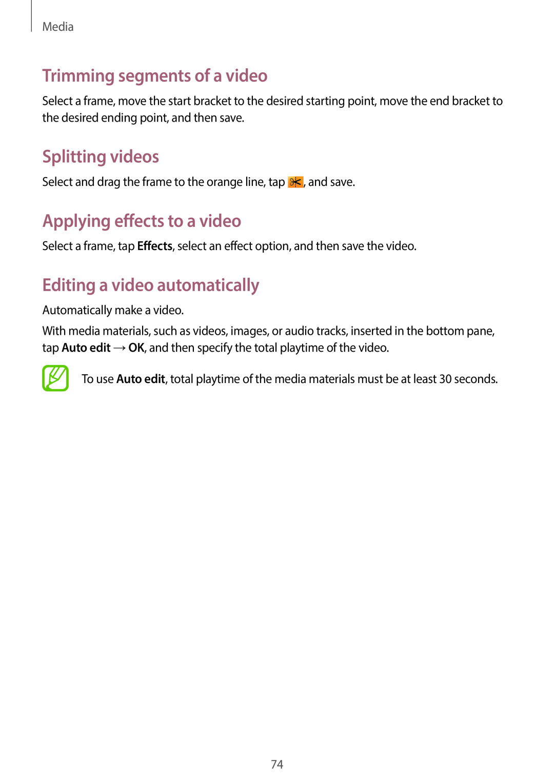 Samsung EK-GC100 user manual Trimming segments of a video, Splitting videos, Applying effects to a video, Media 