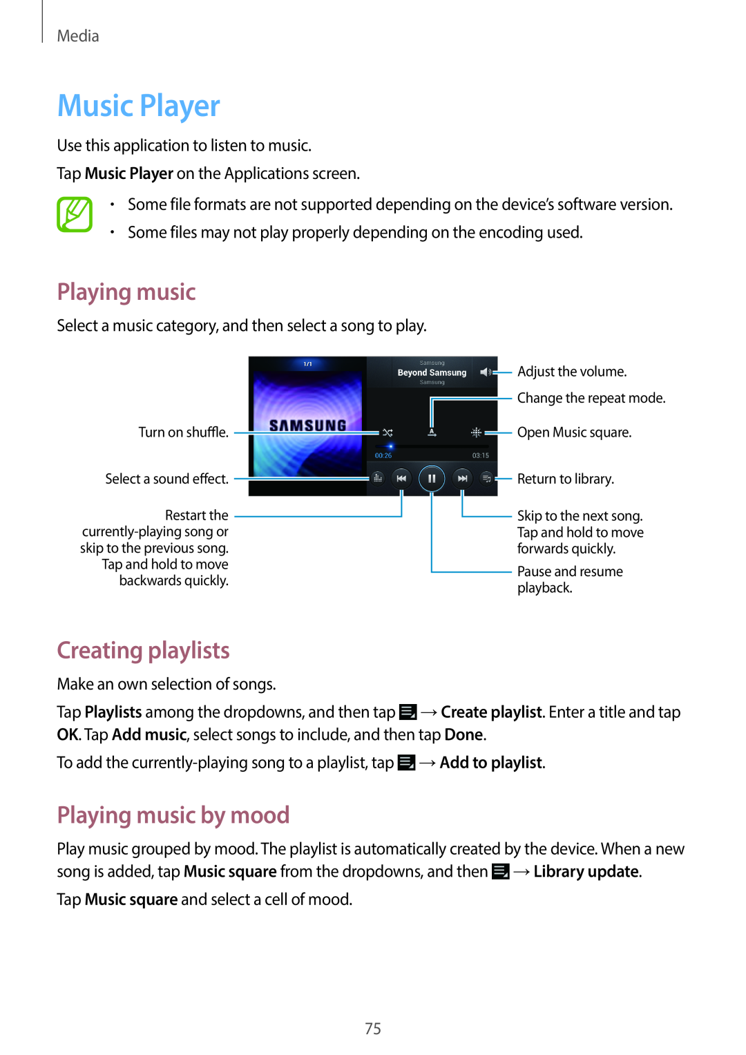 Samsung EK-GC100 user manual Music Player, Creating playlists, Playing music by mood, Media 