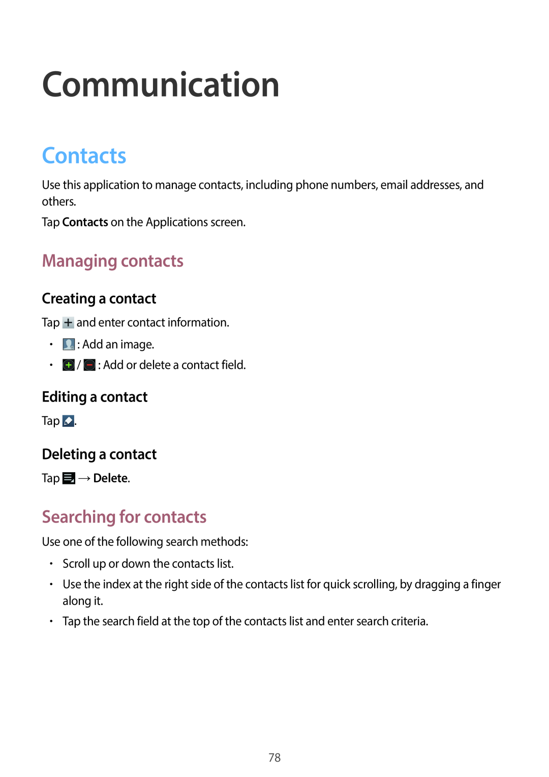 Samsung EK-GC100 Communication, Contacts, Managing contacts, Searching for contacts, Creating a contact, Editing a contact 