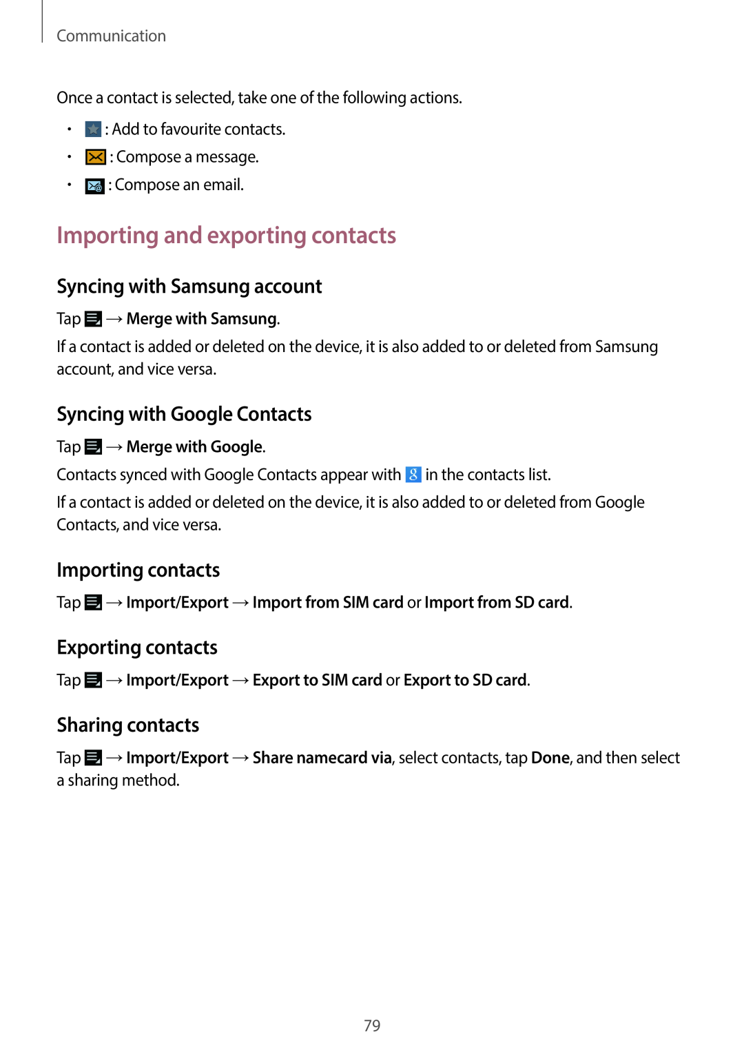 Samsung EK-GC100 user manual Importing and exporting contacts, Syncing with Samsung account, Syncing with Google Contacts 