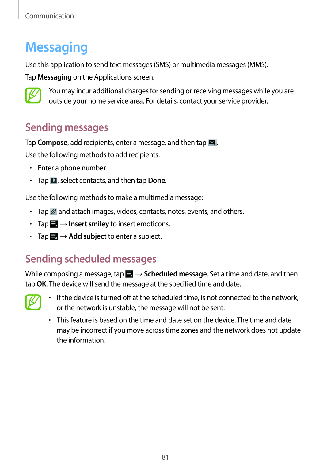 Samsung EK-GC100 user manual Messaging, Sending messages, Sending scheduled messages, Communication 