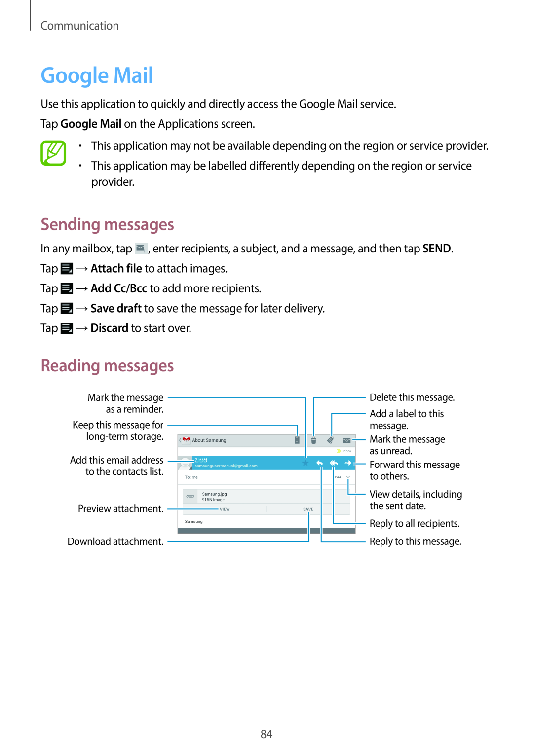 Samsung EK-GC100 user manual Google Mail, Sending messages, Reading messages, Communication 