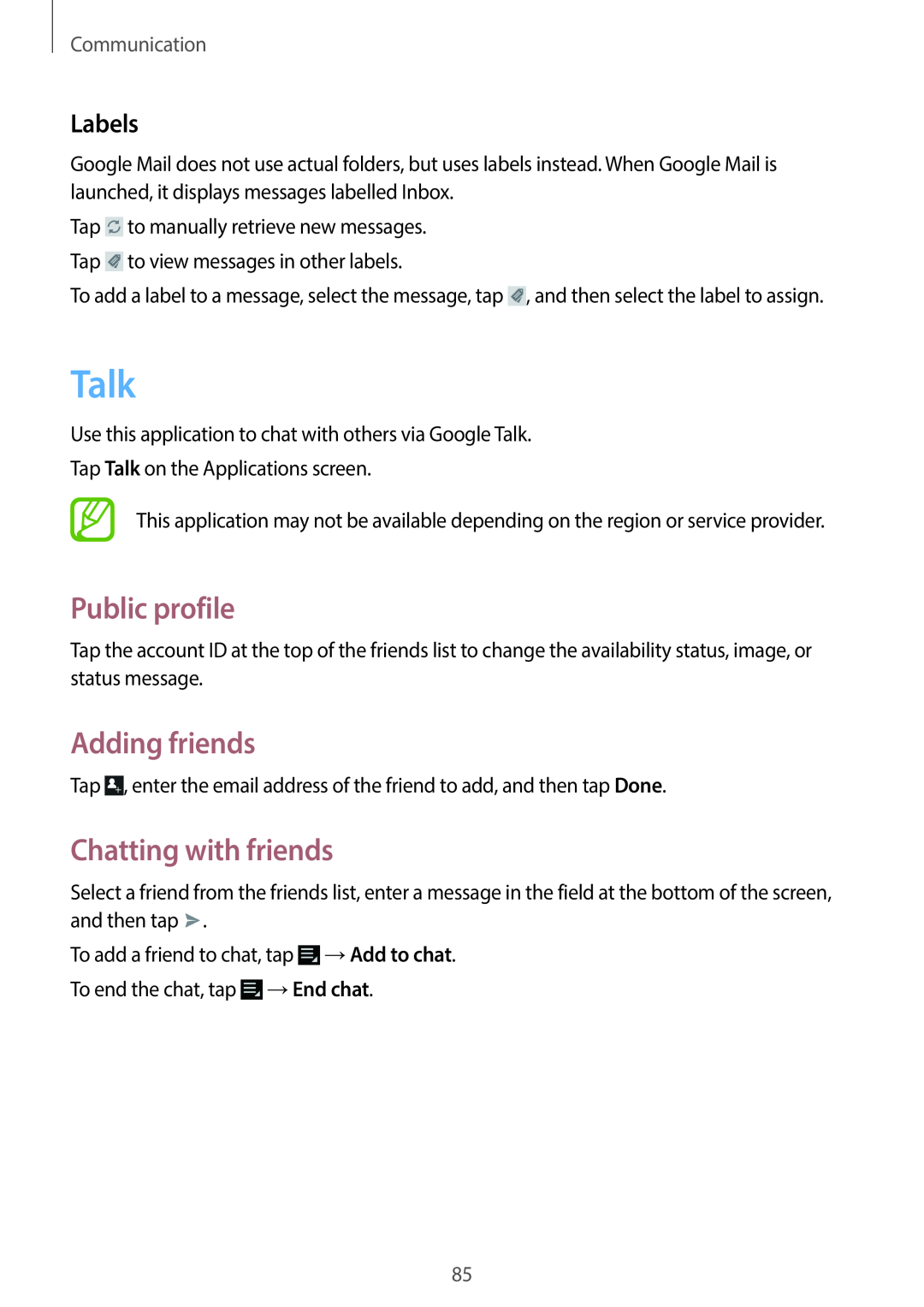 Samsung EK-GC100 user manual Talk, Public profile, Adding friends, Chatting with friends, Labels, Communication 