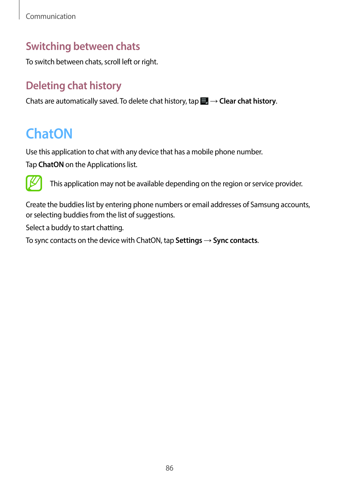 Samsung EK-GC100 user manual ChatON, Switching between chats, Deleting chat history, Communication 