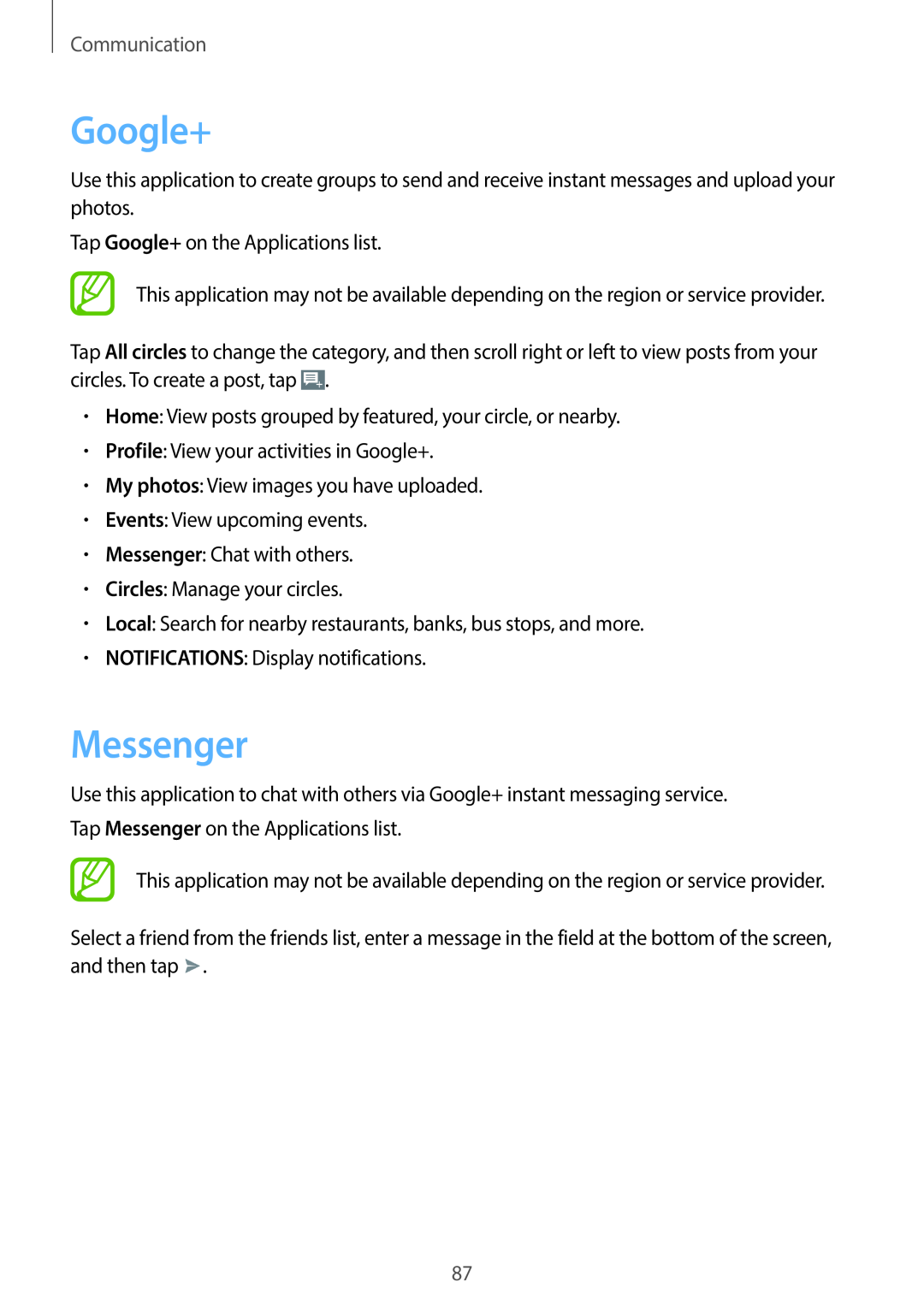 Samsung EK-GC100 user manual Google+, Messenger, Communication 