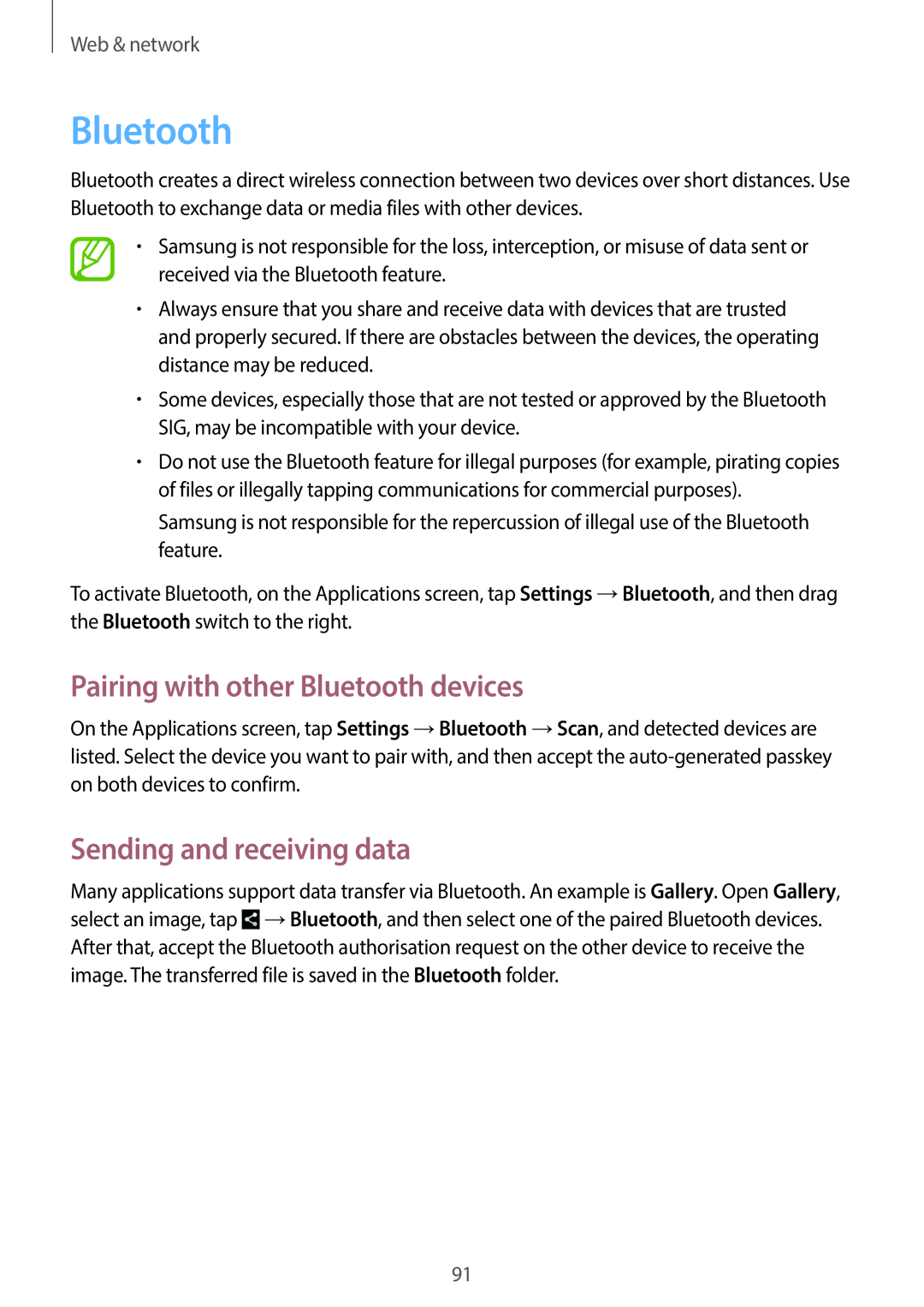 Samsung EK-GC100 user manual Pairing with other Bluetooth devices, Sending and receiving data, Web & network 