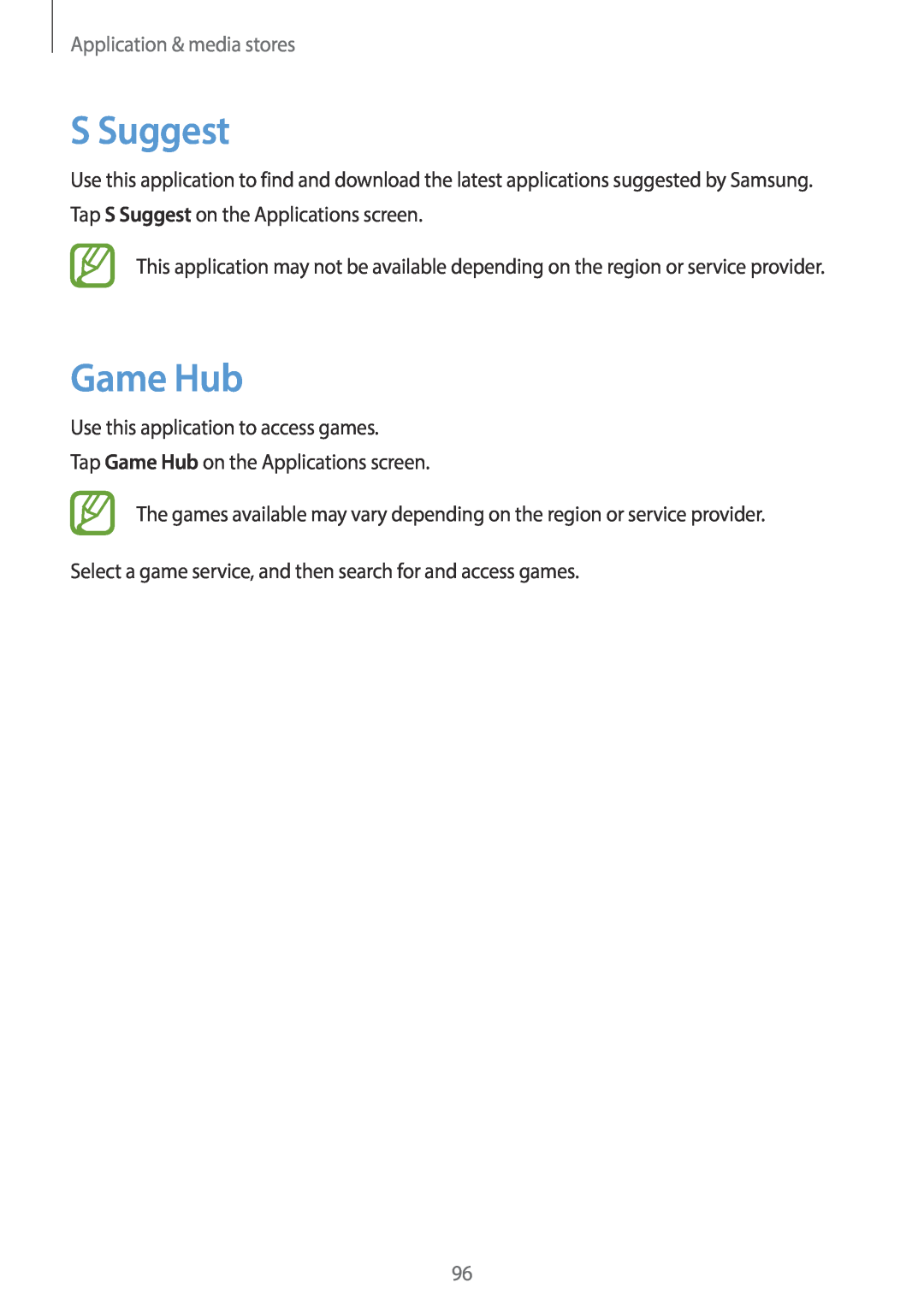 Samsung EK-GC100 user manual S Suggest, Game Hub, Application & media stores 