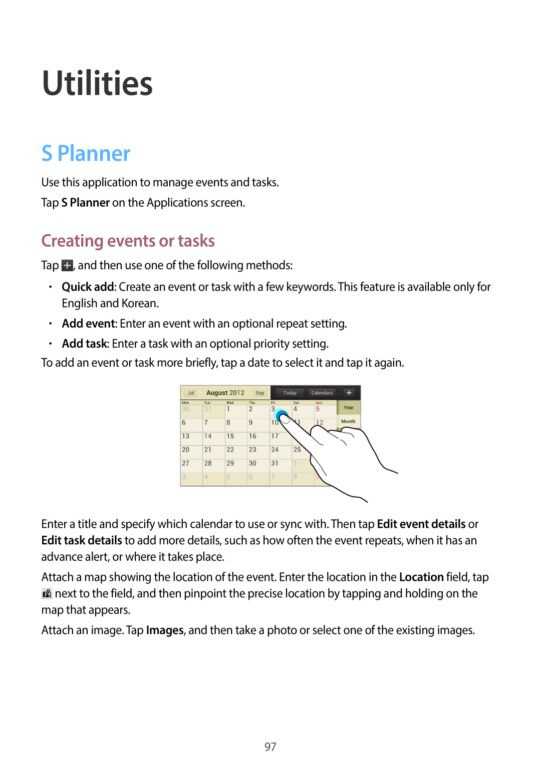 Samsung EK-GC100 user manual Utilities, S Planner, Creating events or tasks 