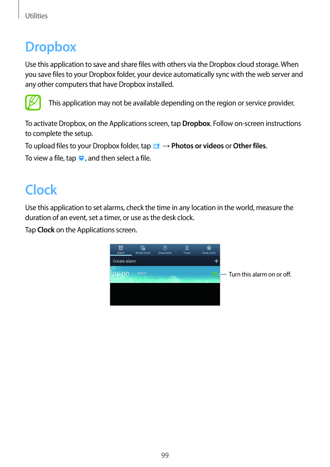 Samsung EK-GC100 user manual Dropbox, Clock, Utilities 