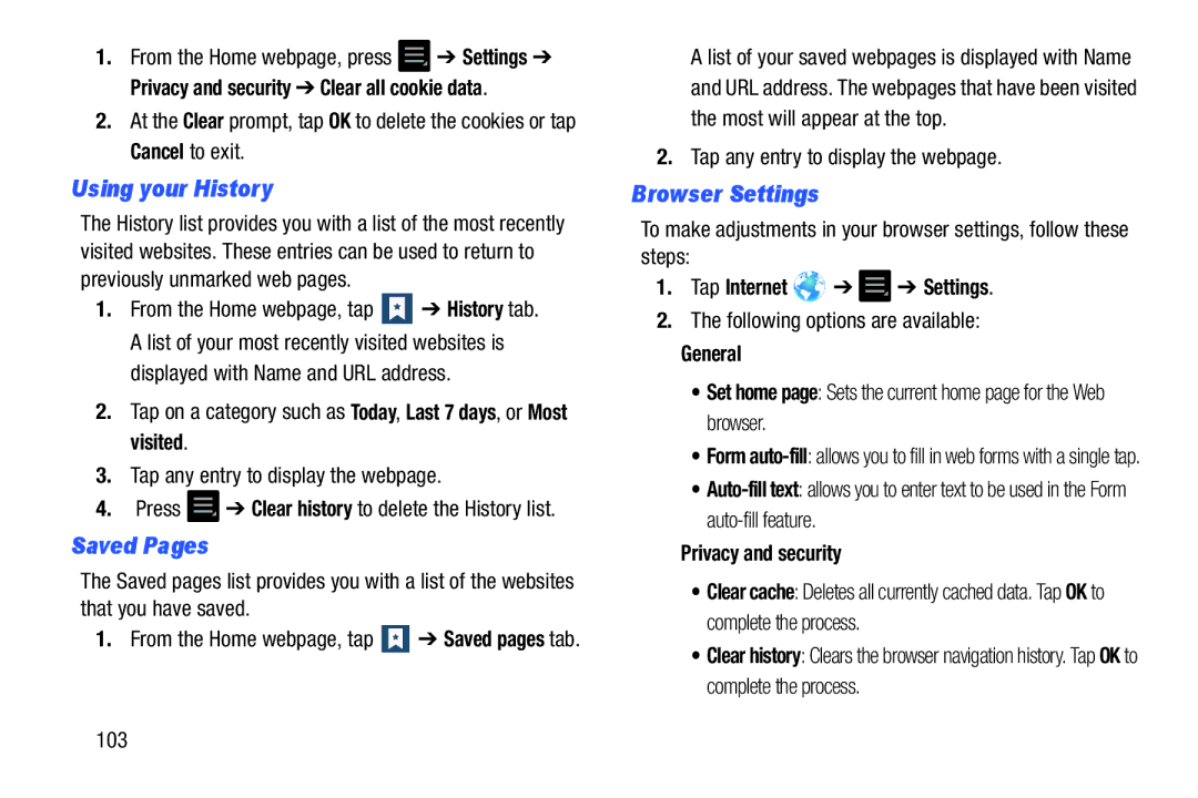 Samsung EK-GC100ZWAATT Using your History, Saved Pages, Browser Settings, Tap Internet Settings, Privacy and security 