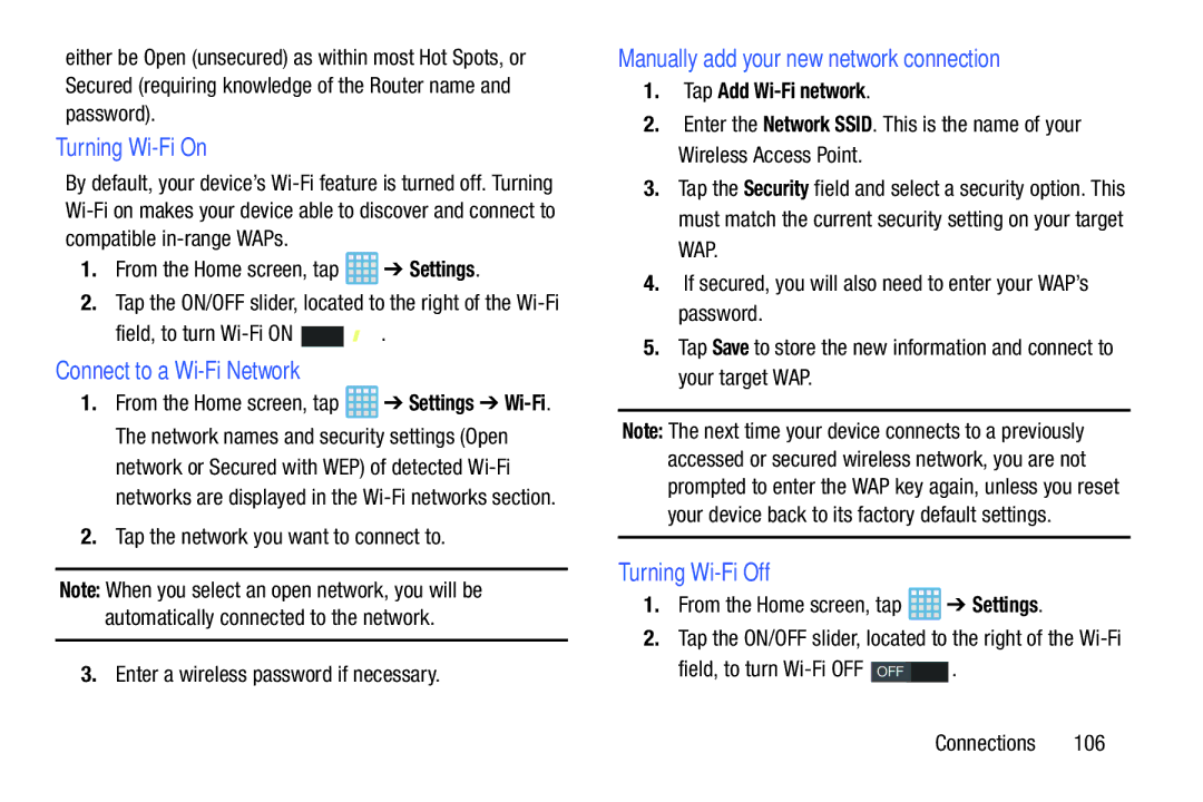 Samsung EK-GC100ZWAATT user manual Turning Wi-Fi On, Connect to a Wi-Fi Network, Turning Wi-Fi Off, Tap Add Wi-Fi network 