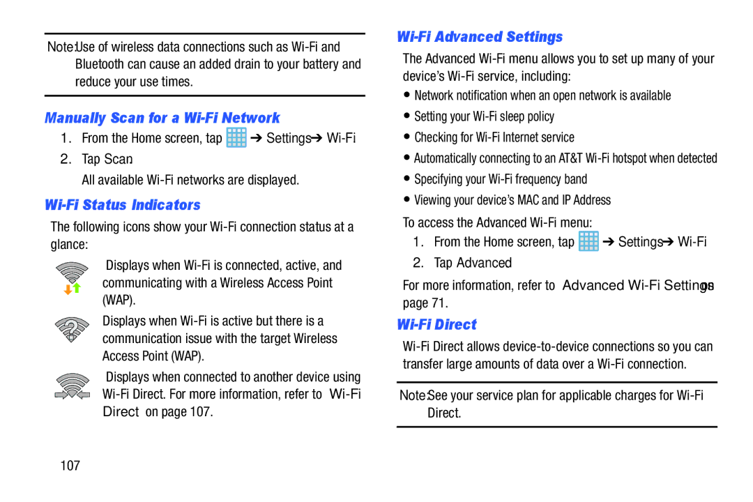 Samsung EK-GC100ZWAATT Manually Scan for a Wi-Fi Network, Wi-Fi Status Indicators, Wi-Fi Advanced Settings, Wi-Fi Direct 