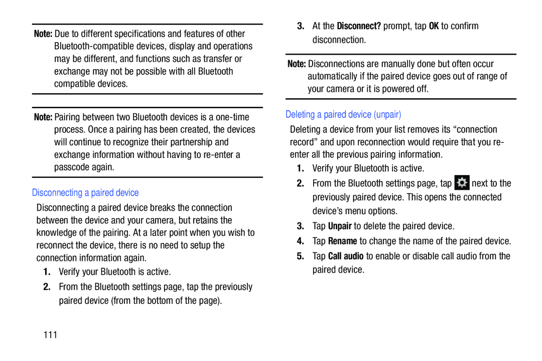 Samsung EK-GC100ZWAATT Disconnecting a paired device, At the Disconnect? prompt, tap OK to confirm disconnection 