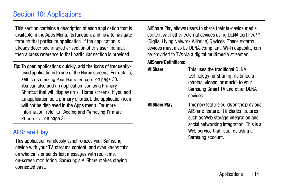 Samsung EK-GC100ZWAATT user manual Applications, AllShare Play 