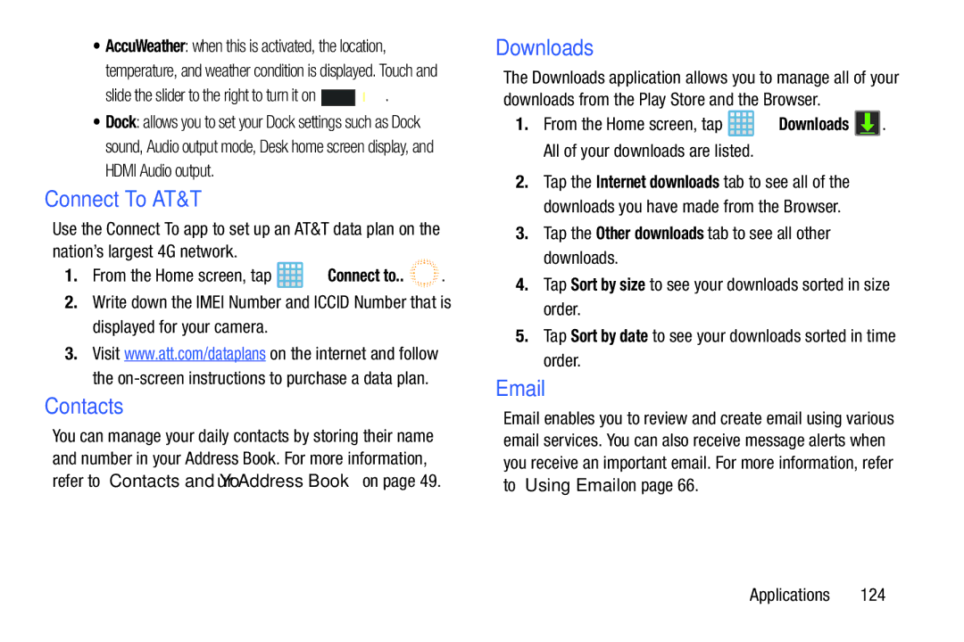 Samsung EK-GC100ZWAATT Connect To AT&T, Contacts, Downloads, Tap the Other downloads tab to see all other downloads 