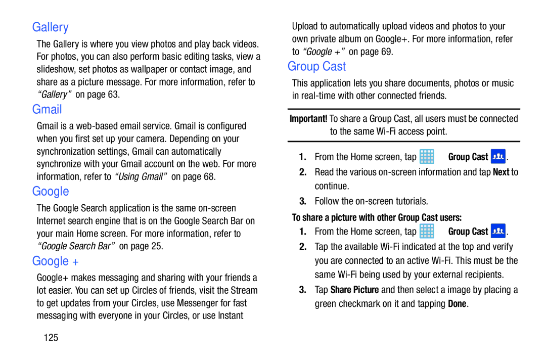 Samsung EK-GC100ZWAATT user manual Gmail, Google, To share a picture with other Group Cast users, 125 