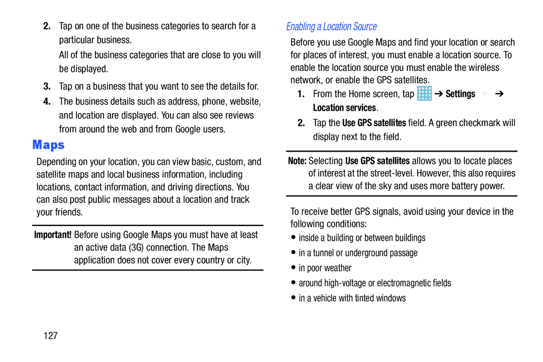 Samsung EK-GC100ZWAATT user manual Maps, Enabling a Location Source 