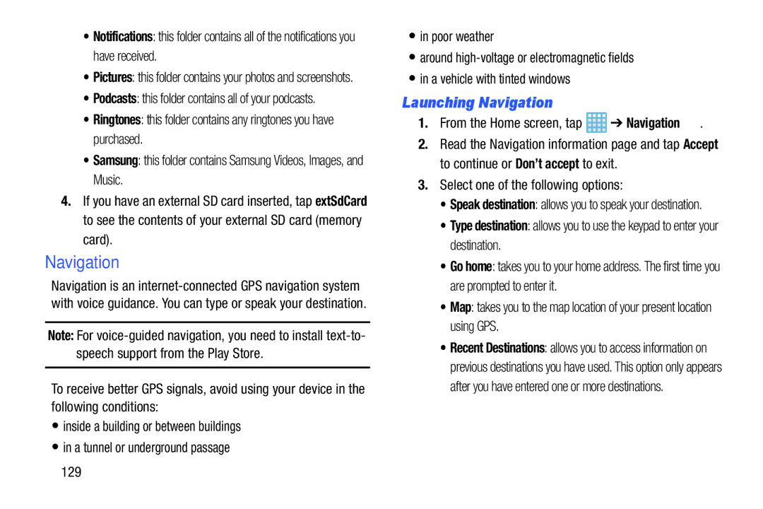 Samsung EK-GC100ZWAATT user manual Launching Navigation, Select one of the following options, 129 