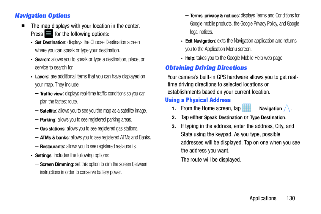 Samsung EK-GC100ZWAATT user manual Navigation Options, Obtaining Driving Directions, Using a Physical Address 