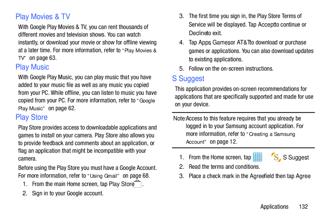 Samsung EK-GC100ZWAATT user manual Play Music, Play Store, Suggest, Follow on the on-screen instructions 