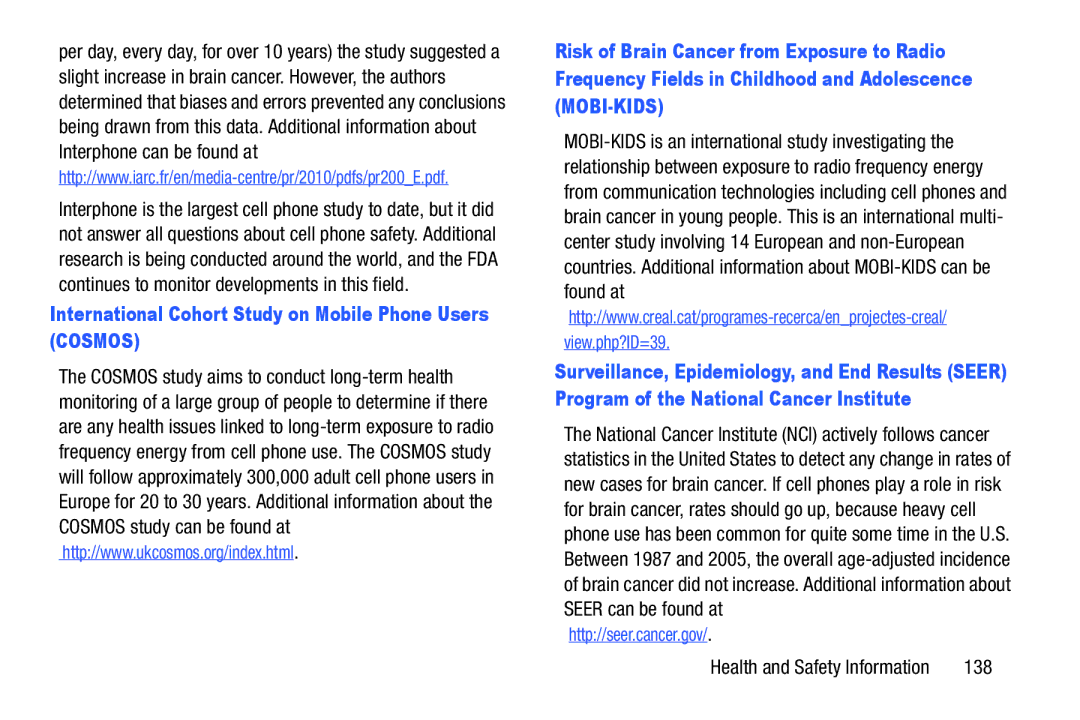 Samsung EK-GC100ZWAATT user manual International Cohort Study on Mobile Phone Users Cosmos, 138 