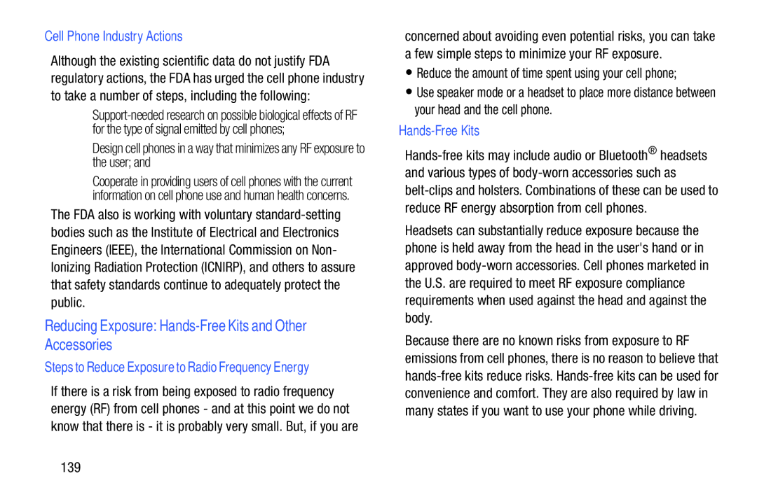 Samsung EK-GC100ZWAATT Reducing Exposure Hands-Free Kits and Other Accessories, Cell Phone Industry Actions, 139 
