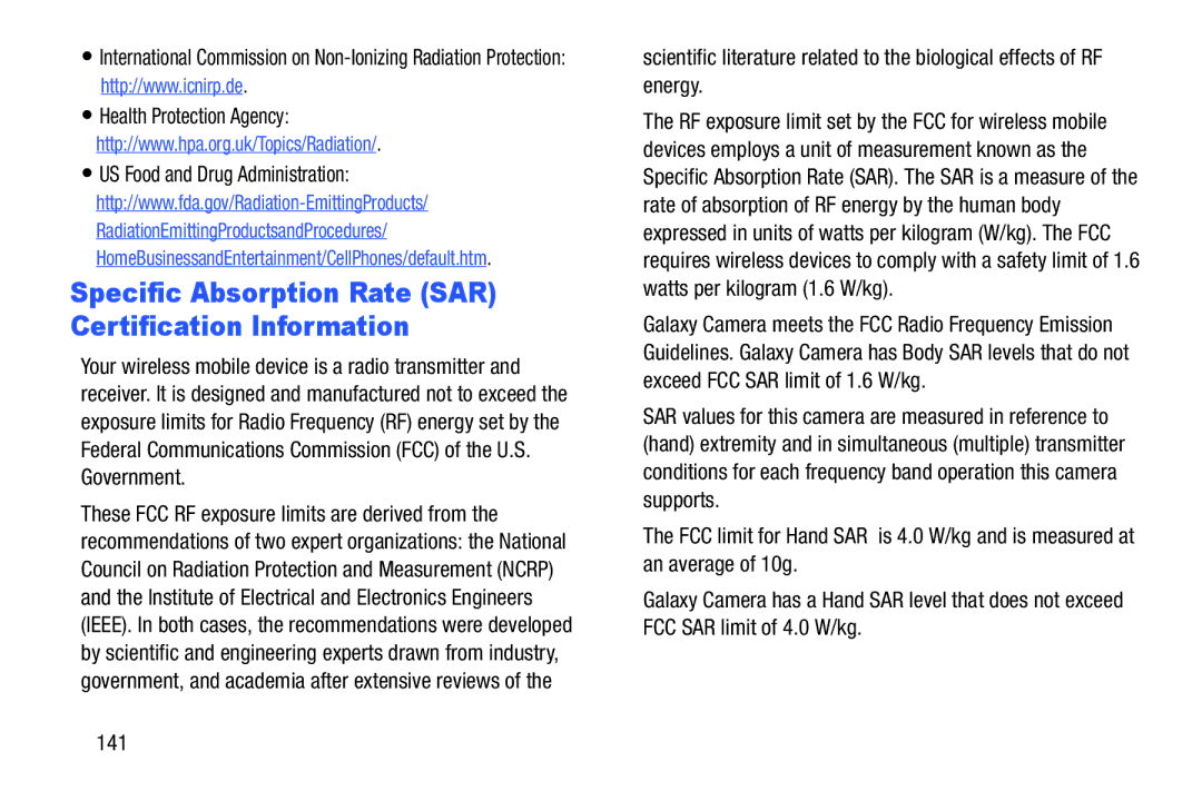 Samsung EK-GC100ZWAATT user manual Specific Absorption Rate SAR Certification Information, US Food and Drug Administration 