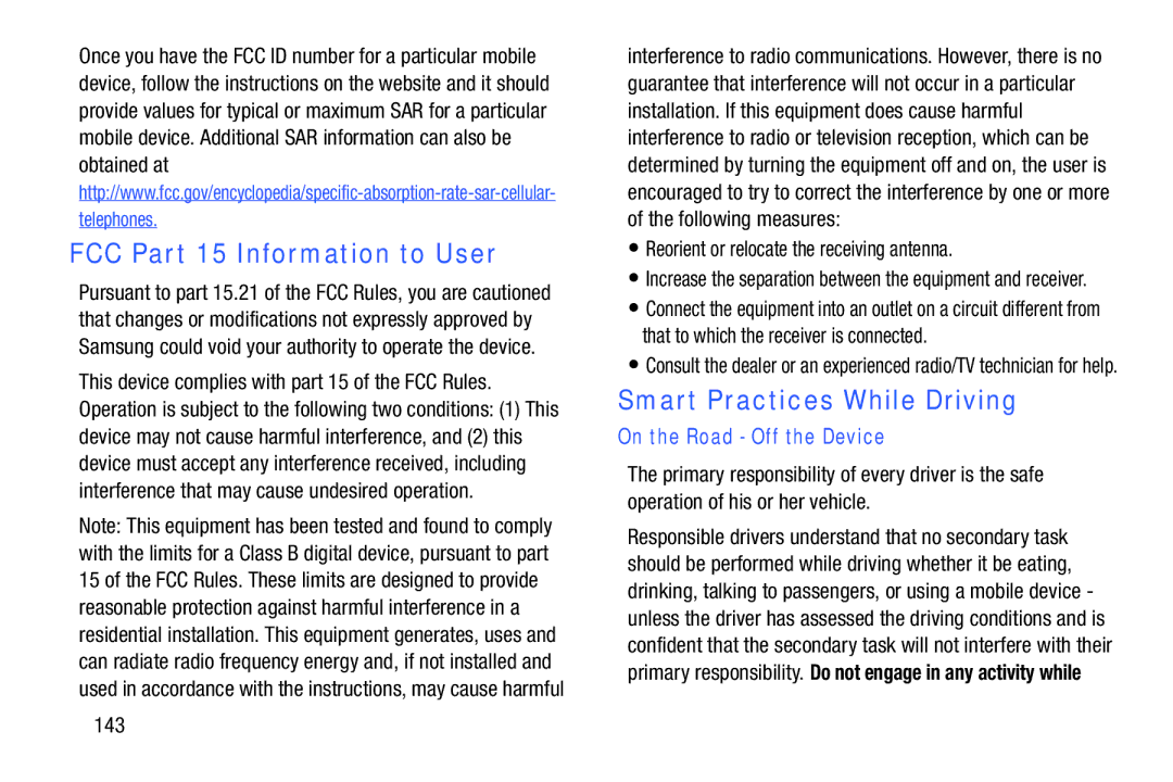 Samsung EK-GC100ZWAATT FCC Part 15 Information to User, Smart Practices While Driving, On the Road Off the Device, 143 