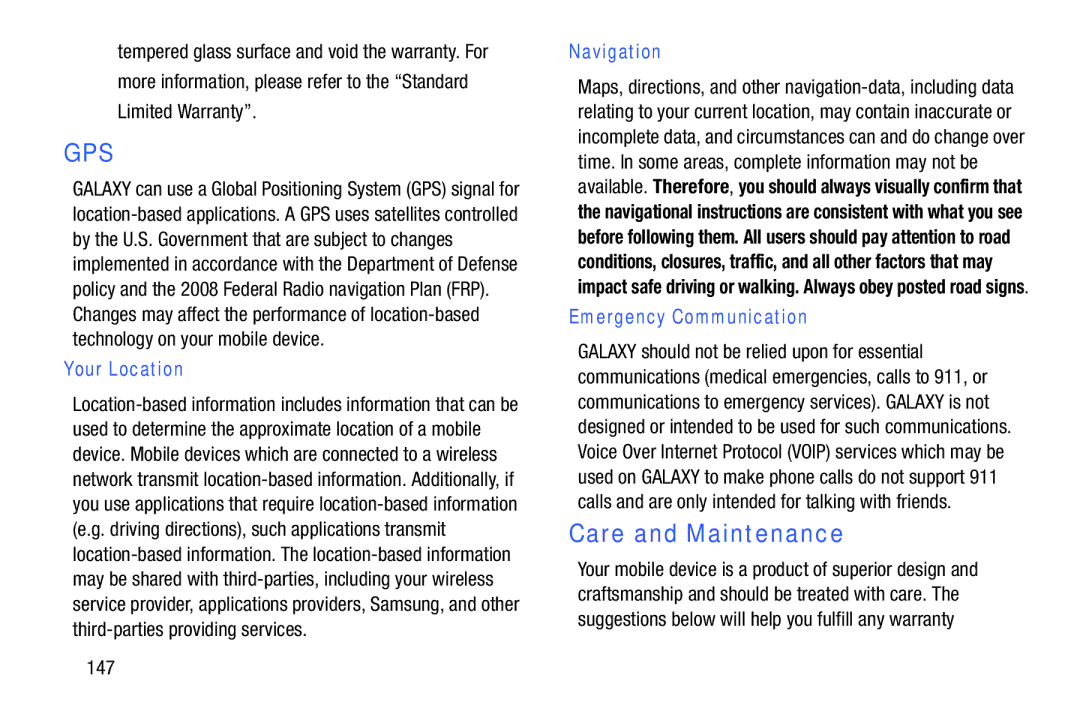 Samsung EK-GC100ZWAATT user manual Care and Maintenance, Your Location, Navigation, Emergency Communication 