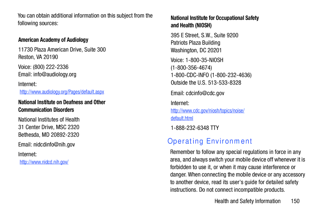 Samsung EK-GC100ZWAATT user manual Operating Environment, American Academy of Audiology, Email cdcinfo@cdc.gov Internet 