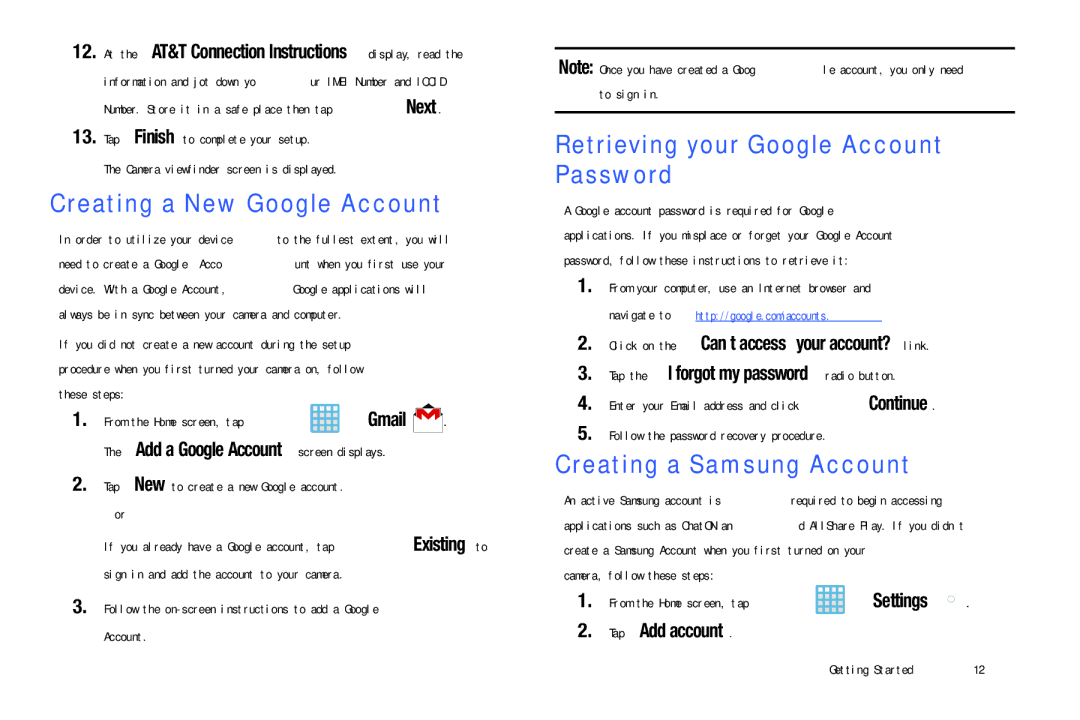 Samsung EK-GC100ZWAATT Creating a New Google Account, Retrieving your Google Account Password, Creating a Samsung Account 