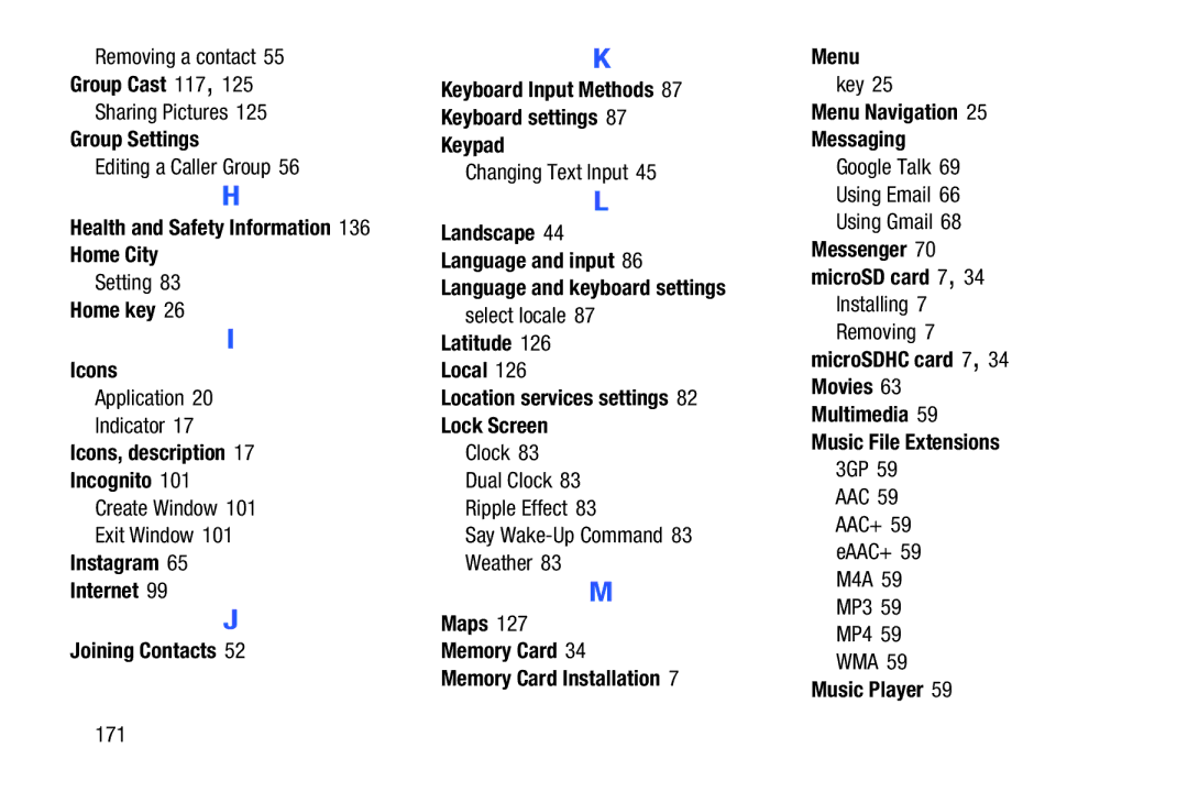 Samsung EK-GC100ZWAATT Group Cast 117, Group Settings, Home City, Home key Icons, Icons, description Incognito, Keypad 