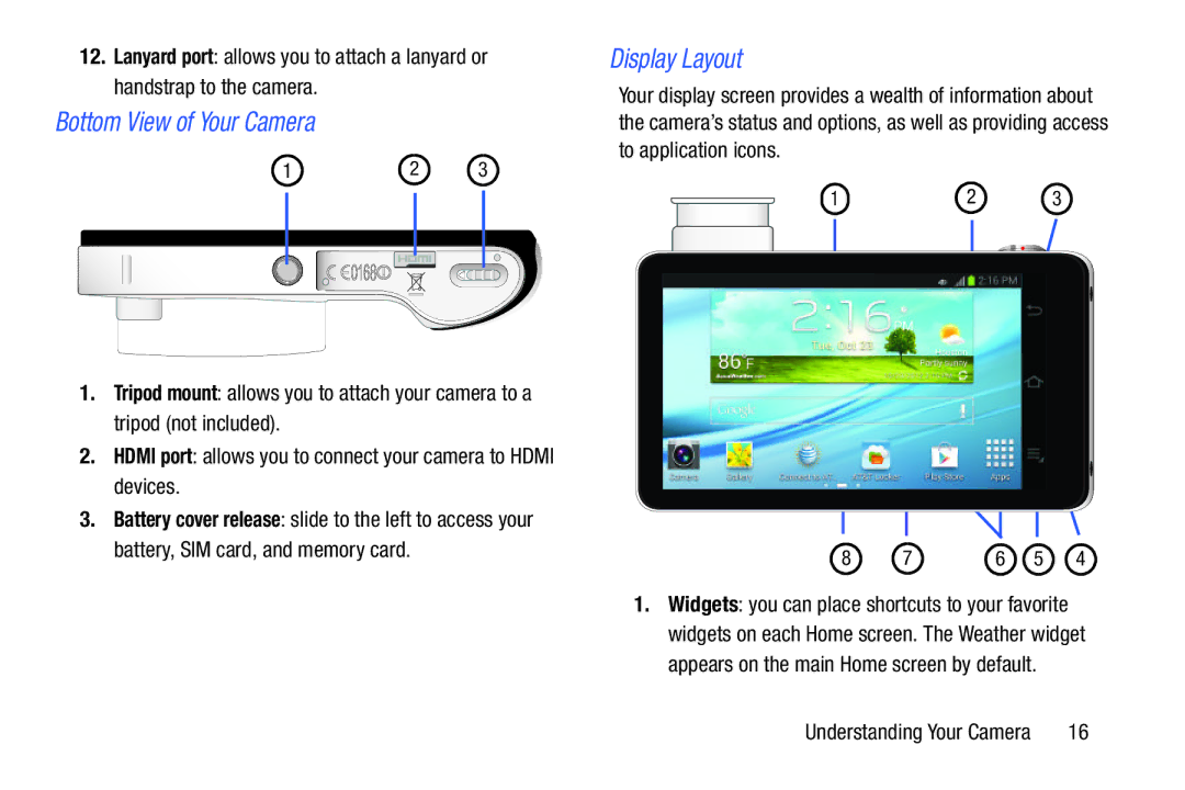 Samsung EK-GC100ZWAATT user manual Bottom View of Your Camera, Display Layout 